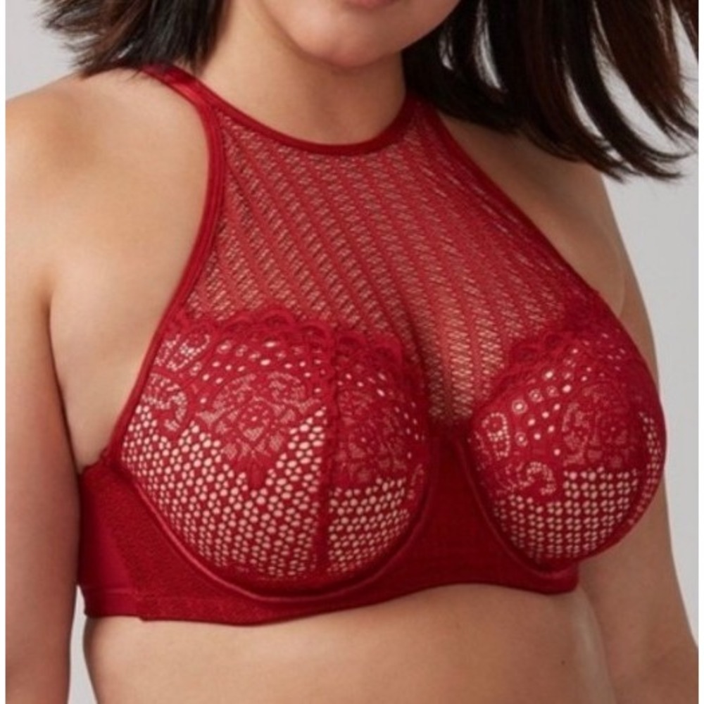 Cacique  burgandy Red Lace Bra SZ 42DD underwire‎ lightly padded high neck girly